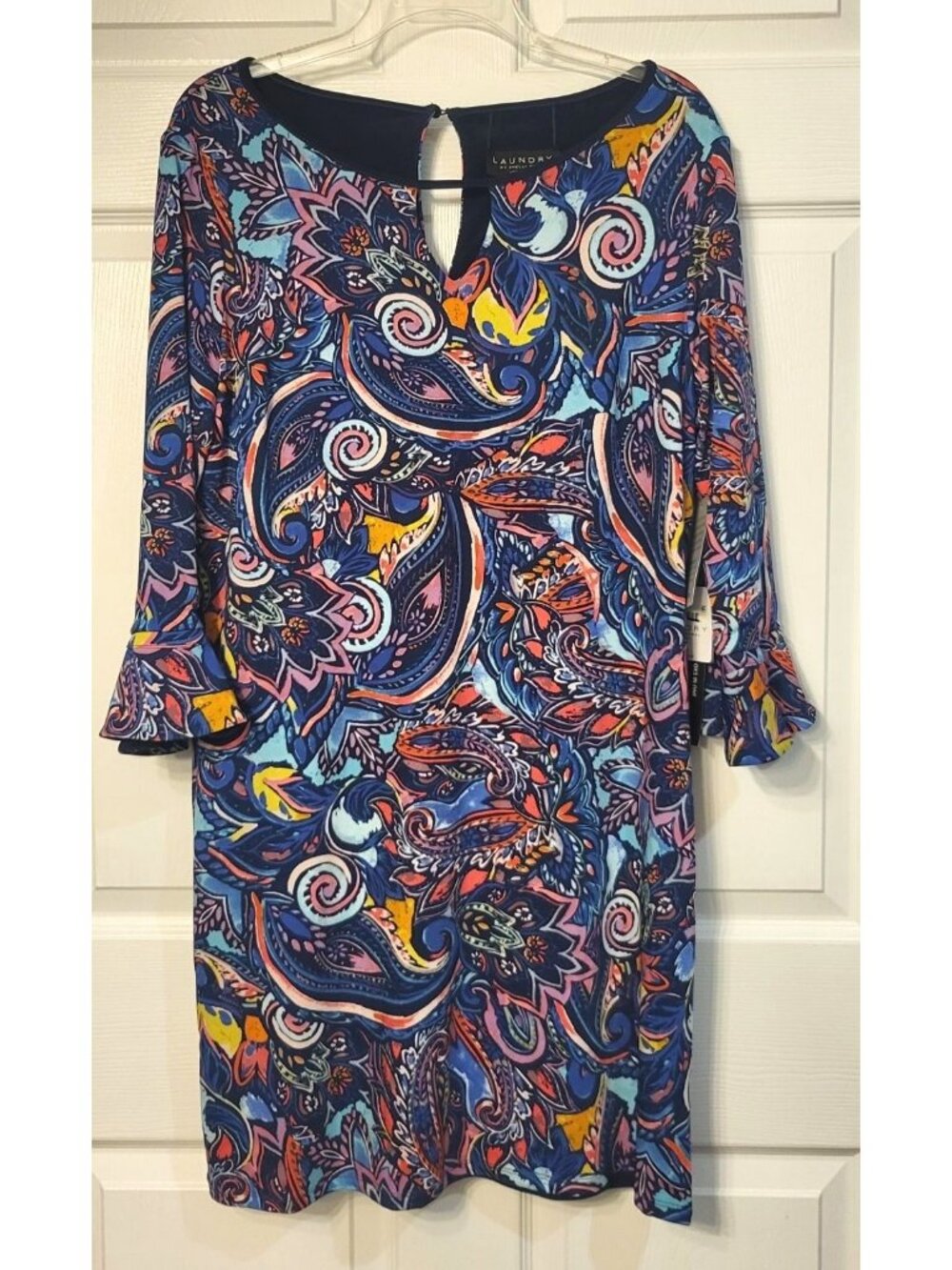 NWT Laundry by Shelli Segal Blue Paisly Floral Reversible Dress SZ L Ruffle Cuff